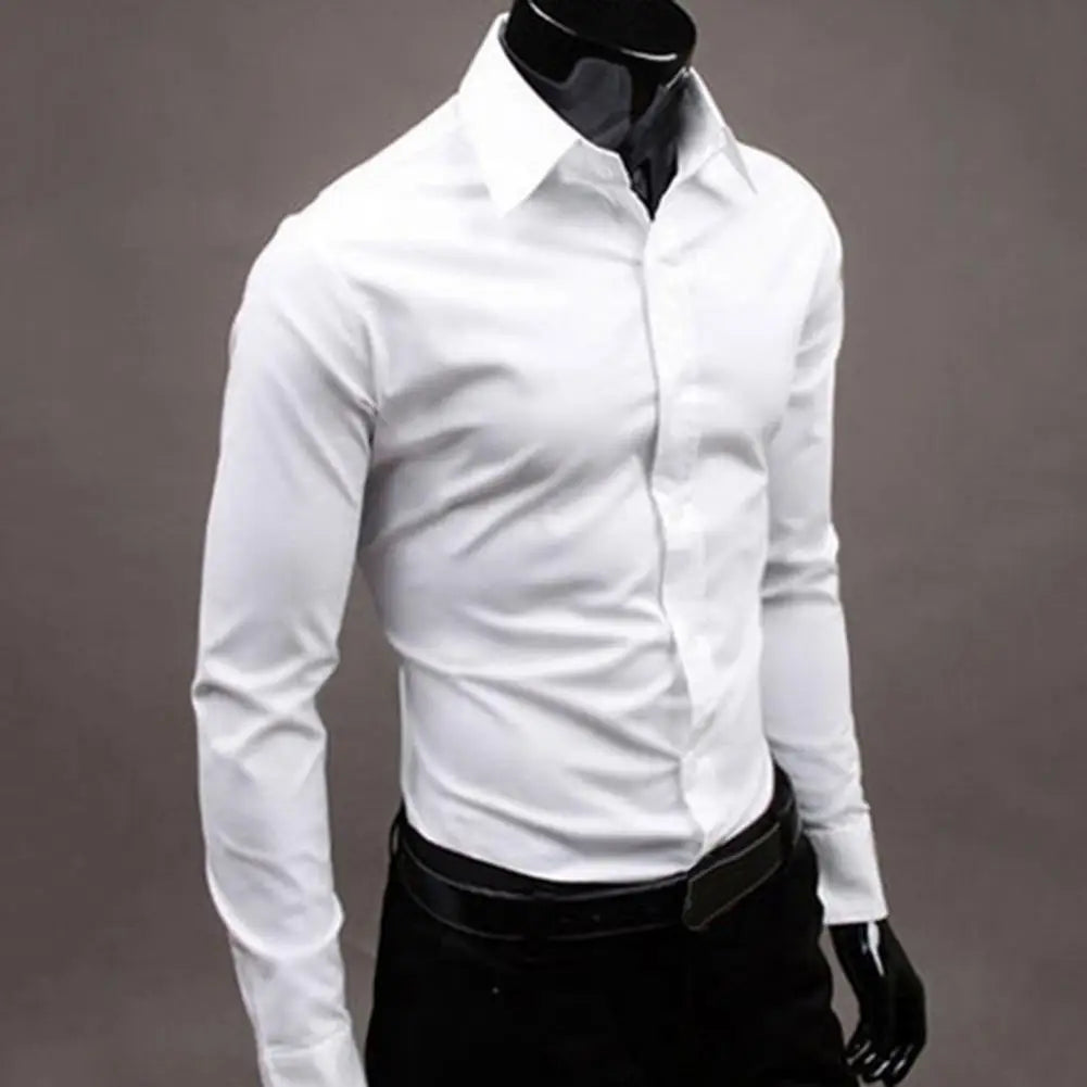 Men Slim Fit Cotton Business Shirt Basic Casual Slim White Long Sleeve Shirt Solid Long Sleeve Button Down Dress Shirt
