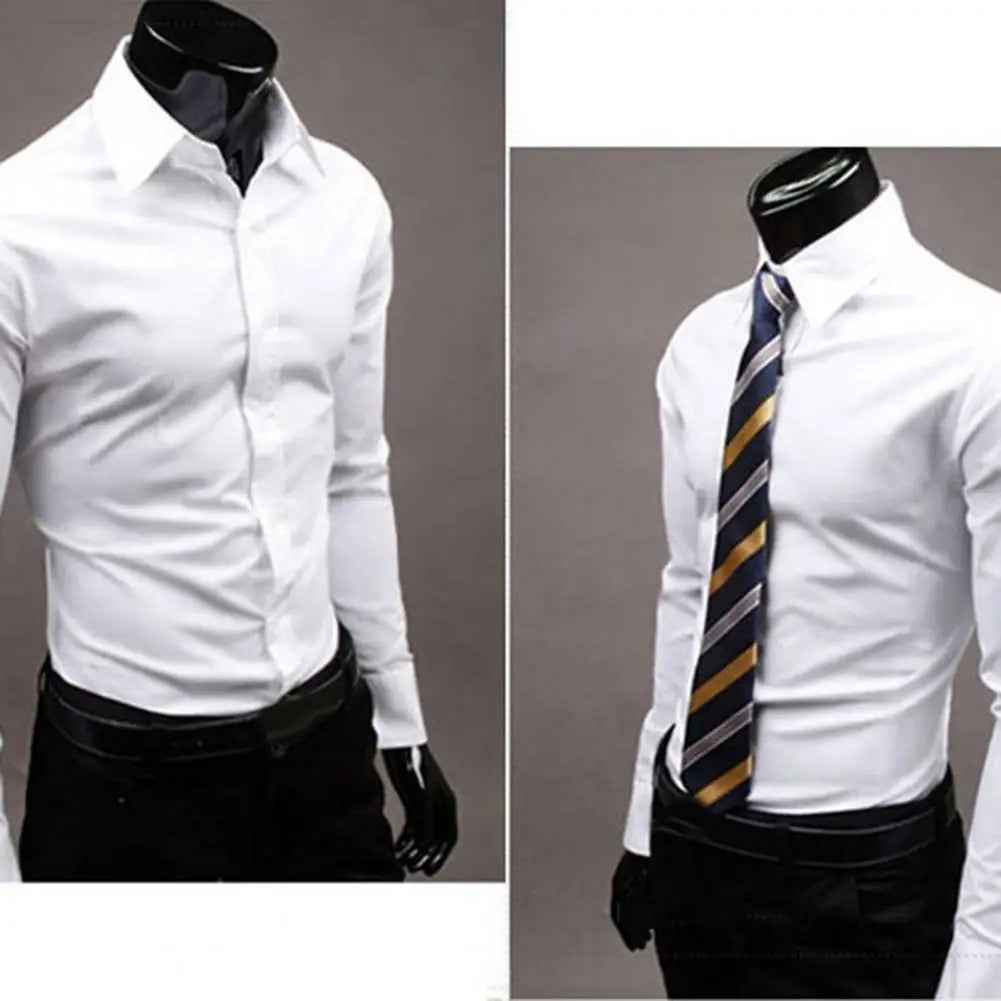 Men Slim Fit Cotton Business Shirt Basic Casual Slim White Long Sleeve Shirt Solid Long Sleeve Button Down Dress Shirt